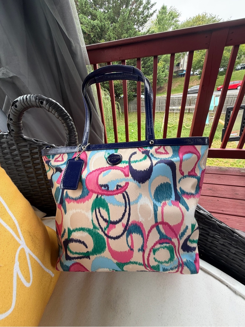 Coach Multicolor Circle-Print Tote with Navy Trim